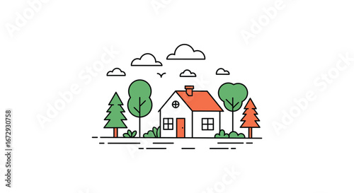 A simple house with trees and clouds in a peaceful neighborhood scene