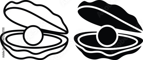 Two stylized illustrations of an open oyster with a pearl inside