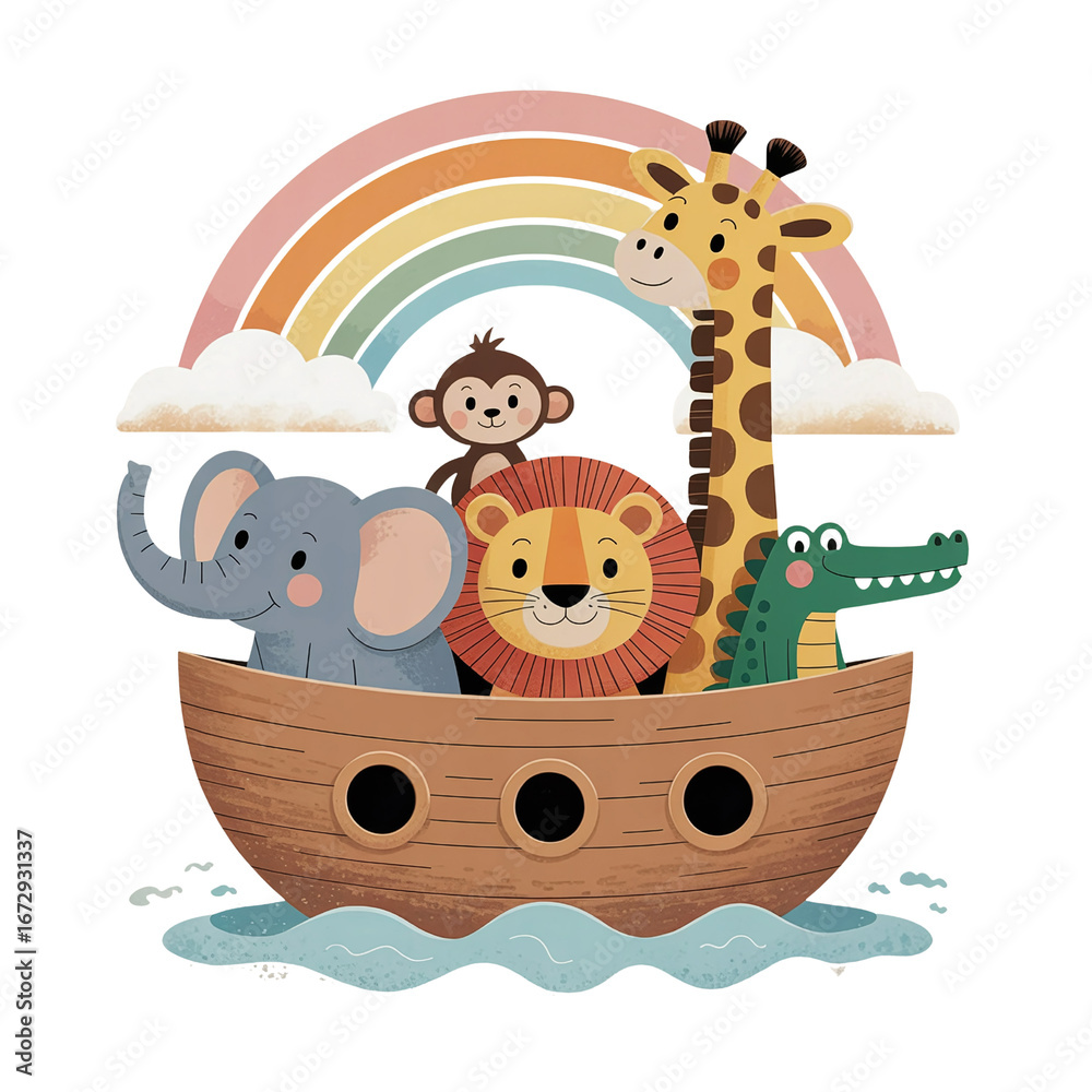 Obraz premium Whimsical Ark Adventure with Cartoon Animals and Rainbow