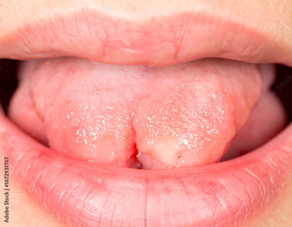 Fototapeta premium Close-up view of an open mouth, showing the tongue and lips