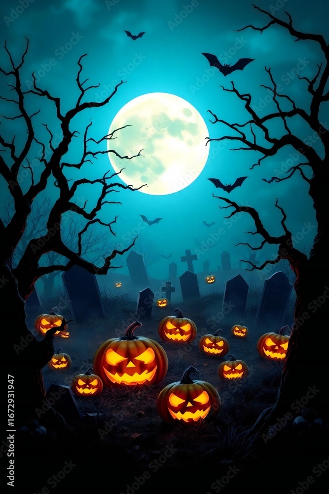 Fototapeta premium Spooky halloween night with jack o lanterns and bats under a full moon