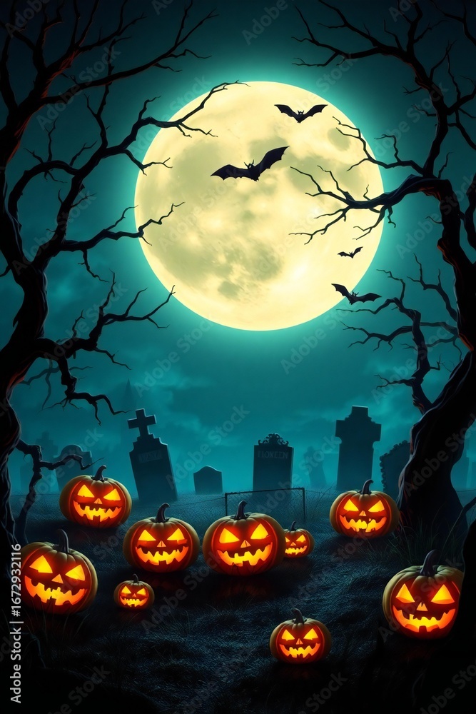 Fototapeta premium Spooky halloween night with jack o lanterns and bats under a full moon