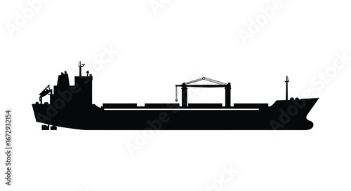 Large cargo ship silhouette with crane on deck in profile view