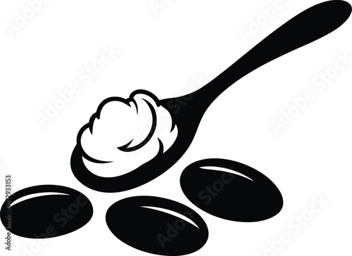 Black olives and a spoon with a creamy substance on a white background