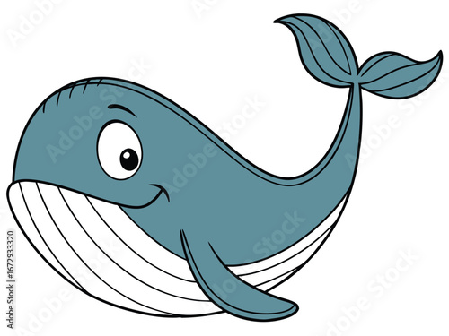 A simple, playful cartoon whale with a rounded blue body, white textured belly, smiling face, raised tail flukes, and one visible pectoral fin.