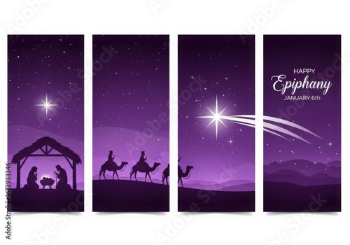 Nativity scene with three wise men traveling under a starry purple sky celebrating epiphany