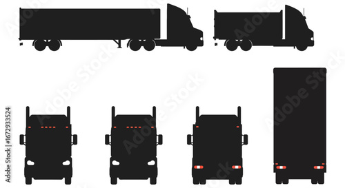 Black silhouettes of trucks in various views and positions