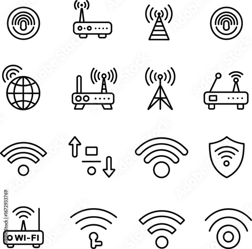 Flat vector illustration, wireless icons, Wi‑Fi symbols, router graphic, network tower, internet signal, secure connection, antenna design, data transfer, connectivity concept