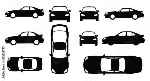 Collection of black car silhouettes in various views and angles