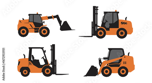 Four orange forklifts with different attachments on white background