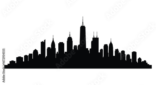 City skyline silhouette with tall buildings and skyscrapers on white background