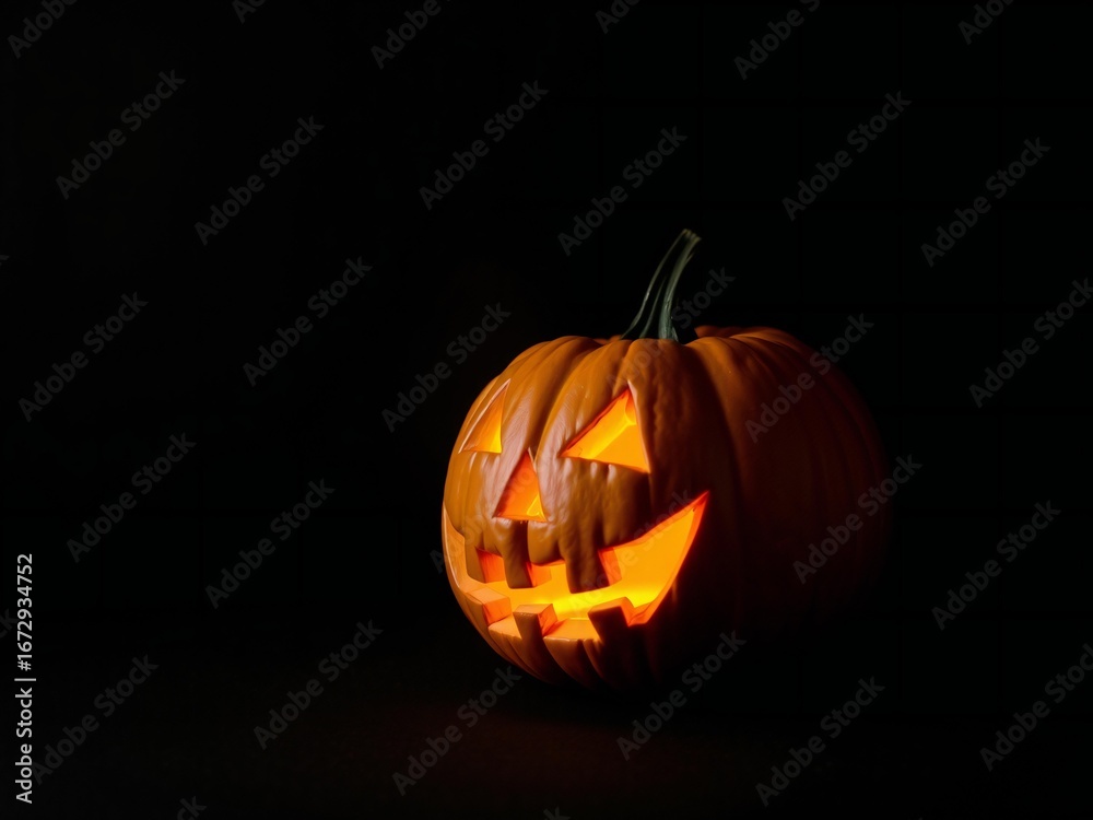 Fototapeta premium Glowing jack o lantern with a spooky face on a dark background