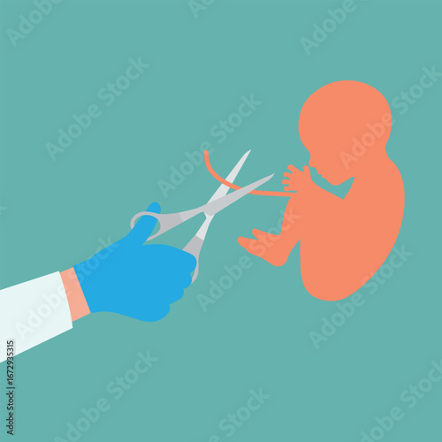 Hand Cutting Newborn Baby Umbilical Cord Cartoon Illustration