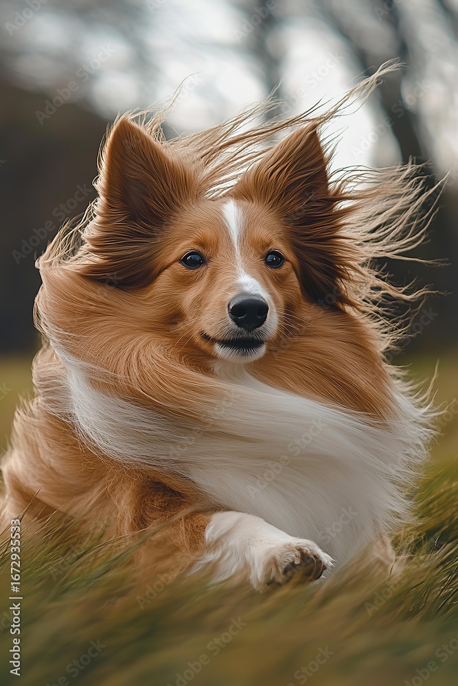 Naklejka premium Elegant Shetland Sheepdog with Flowing Fur in the Wind 
