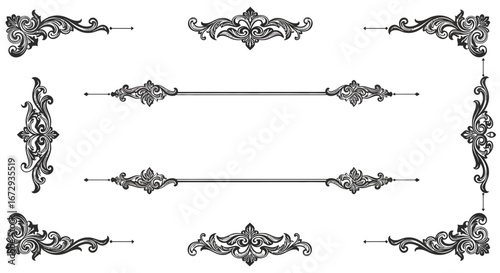 Ornate victorian style border elements with floral designs and scrollwork