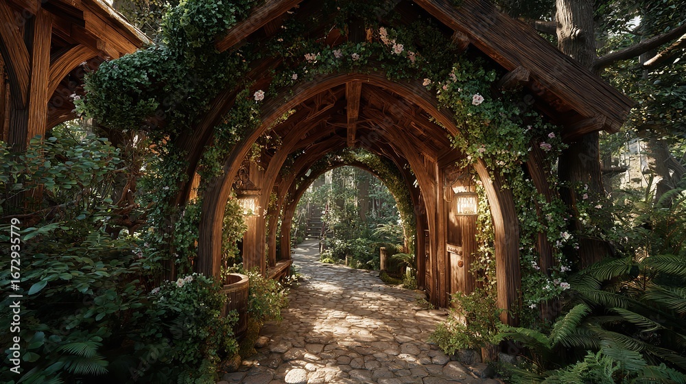 Fototapeta premium Sun-drenched overgrown archway. Lush greenery climbs ancient stone ruins