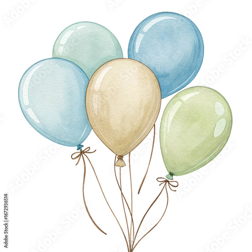 Set of Watercolor Balloons in Blue and Green