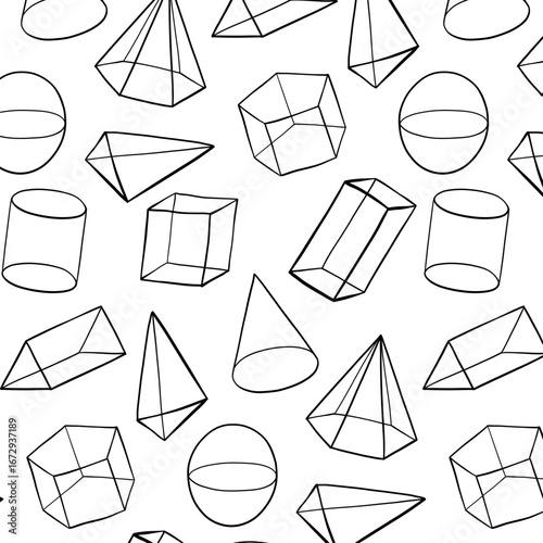 3D Line Shapes Seamless Pattern, rectangular prism, cuboid, vector illustrations. Set of 3D Geometric Shapes in Linear Style