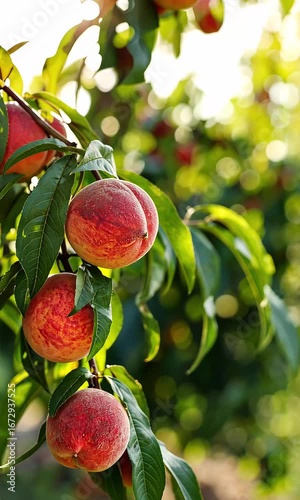 Close up of ripe peaches on tree branch