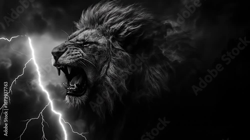Monochrome image showcasing a roaring lion amidst a storm with lightning bolts. The dramatic contrast and dark background amplify the intensity and power of the lion.