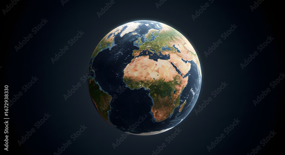 Fototapeta premium International Day of Peace, Global Unity and Diversity A detailed globe showing europe africa and the atlantic ocean against a dark blue background view from space