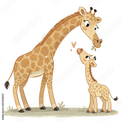 Mother and Baby Giraffes Standing Together