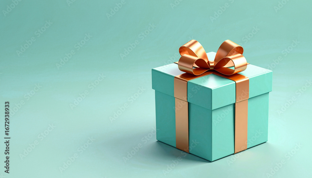 Obraz premium Turquoise gift box with copper ribbon bow isolated on a pastel blue background, perfect for celebrations
