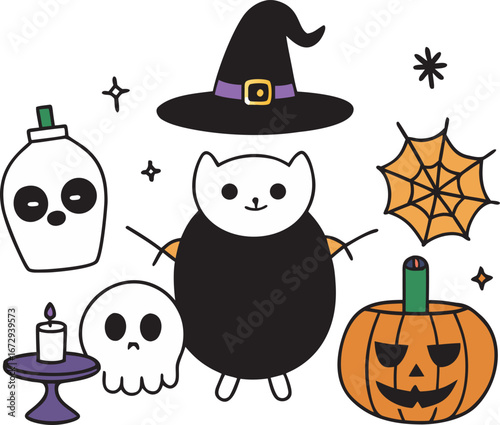Adorable Halloween Icons: Cat, Pumpkin, Witch Hat, Skulls, and Spiderweb