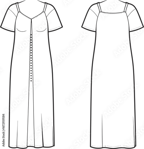 Front and back fashion sketch of layered strap dress, short sleeve design, button-down detail, flat technical drawing, vector apparel template, clothing illustration