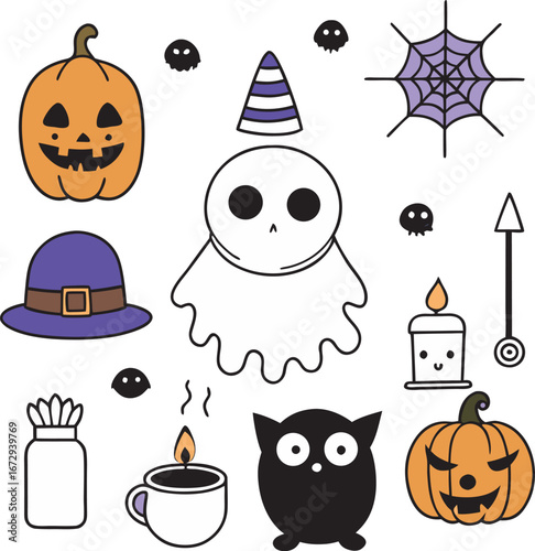 Adorable Halloween Icons: Pumpkins, Ghost, Owl, Witch Hat, Spiderweb, Candle, and More