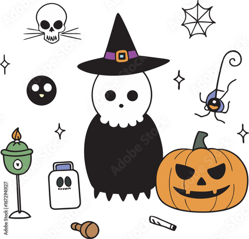 Spooky Halloween Icons: Witch, Pumpkin, Skull, Spider, and More