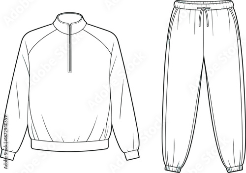 Front view technical flat sketch of tracksuit, pullover with zipper and jogger pants, fashion vector template, unisex loungewear, sporty outfit design illustration