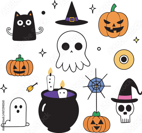 Whimsical Halloween Icons: Black Cat, Ghosts, Pumpkins, Witch Hat, Cauldron, and Skull