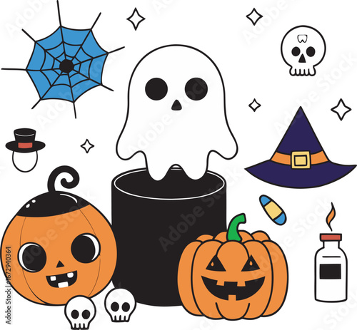 Spooky Halloween Icons: Pumpkins, Ghost, Witch Hat, Spiderweb, and More