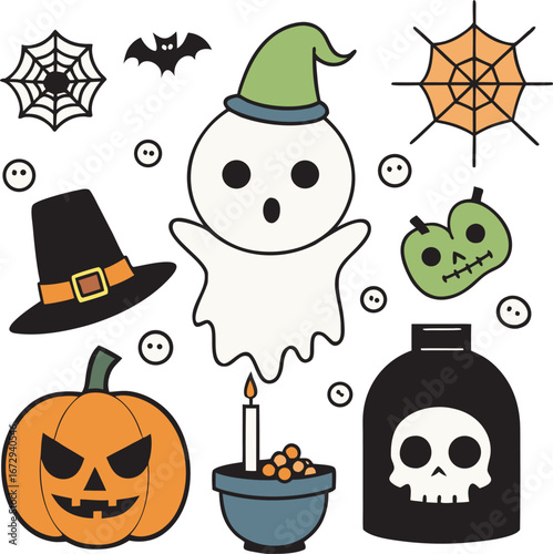 Whimsical Halloween Icons: Ghost, Pumpkin, Witch Hat, and More