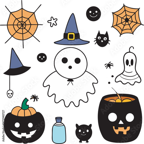 Whimsical Halloween Icons: Ghosts, Pumpkins, Cats, and More