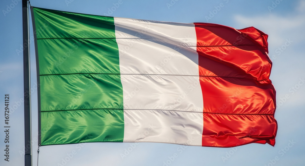 Obraz premium A close up of the italian flag waving in the wind against a clear blue sky on a bright sunny day