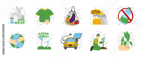 Ecology Sticker Set Promoting Environmental Sustainability Awareness, Ecology Sticker Vector Set. Ecology Sticker Collection 