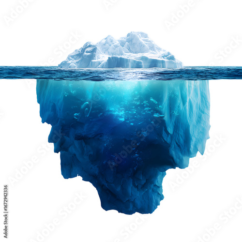 Dramatic iceberg with visible underwater portion contrasting against black background