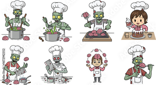 Funny zombie chefs cooking brains, cartoon characters, spooky Halloween kitchen scenes, horror cooking illustrations, creepy chef costumes, playful brain food art, Halloween cartoon vector set