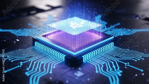 Futuristic AI chip pulsating with digital energy, powering next generation technology and innovation in modern electronics