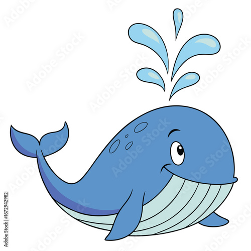 Cartoon blue whale with a round body, light blue striped underbelly, big smile, small back fin, upward-curved tail, two side fins, and three water droplets spouting from its blowhole.