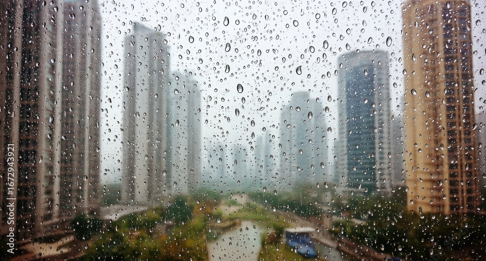 Obraz premium Rain-streaked cityscape view