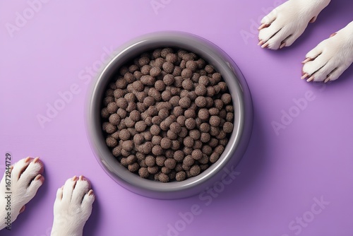Dog paws next to bowl of kibble on purple background
