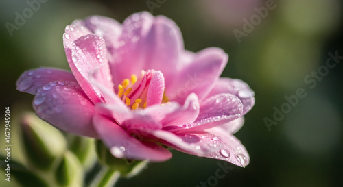 Close up of a pink flower with water droplets on its petals and yellow center in soft focus setting