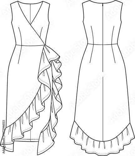 Fashion CAD Drawing of a Ruffled Wrap Dress with a V-Neckline and High-Low Hem, Front and Back View