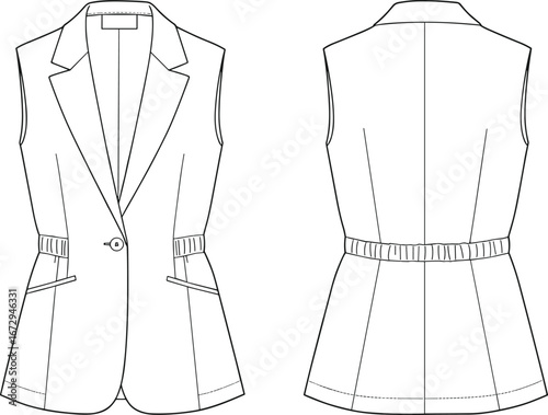 Fashion CAD Drawing of a Sleeveless Blazer Vest with a Cinched Waist, Single Button Closure, and Flap Pockets, Front and Back View