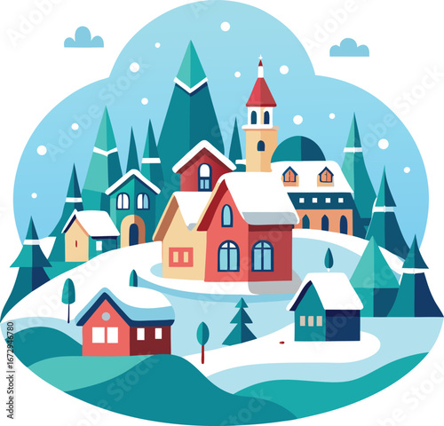 Vector art of charming winter village scene with snowcovered houses and evergreen trees under a blue sky with falling snowflakes, evoking a cozy holiday atmosphere