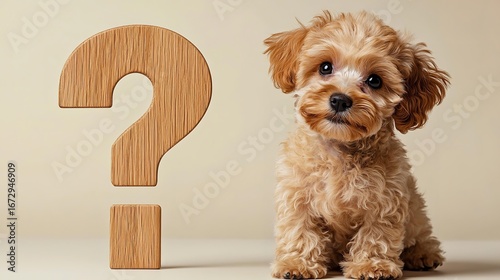 Toy Poodle tilting head next to wooden question mark
