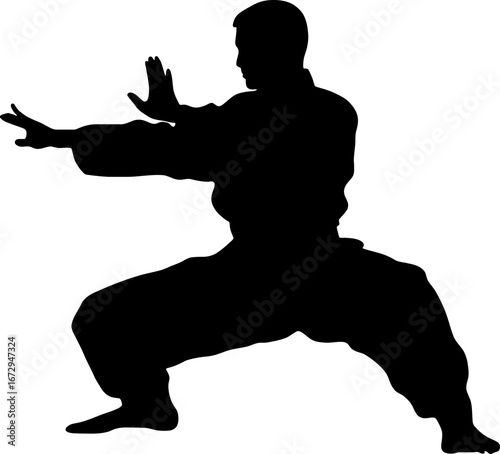 silhouette of a pencak silat martial artist in kuda-kuda stance with open palms